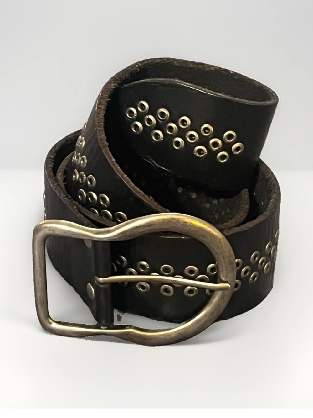 Women’s Leather Belt Olga Santini Wide Grommets Studded Belt Black Large Boho